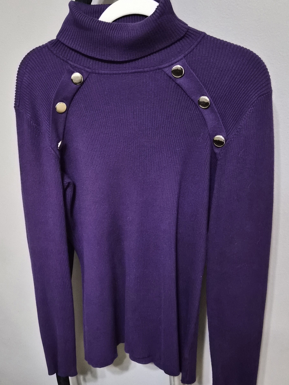 White House Black Market Purple Turtleneck Sweater with Silver Buttons